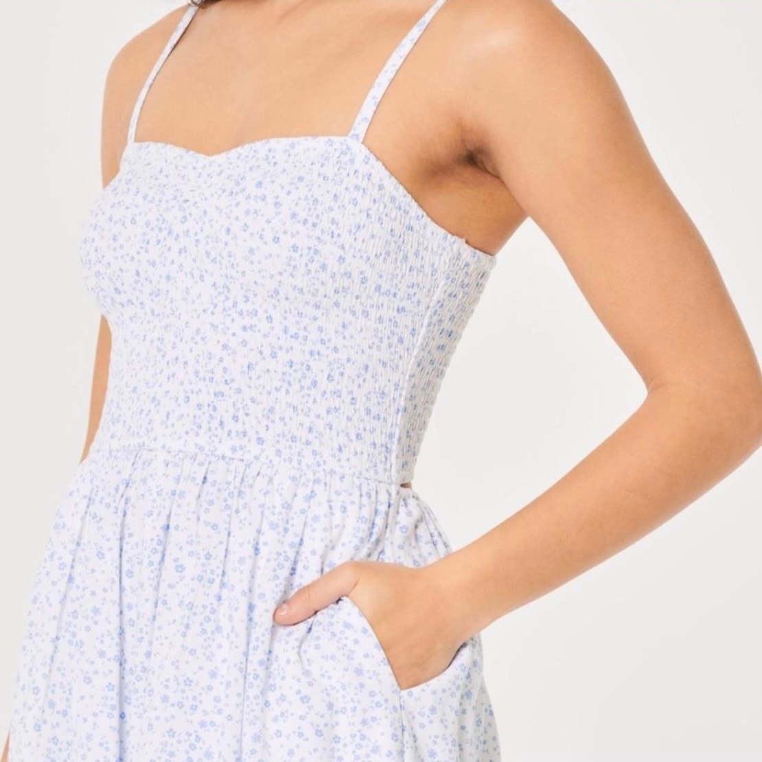 Hollister White & Blue Floral Smocked Romper Dress